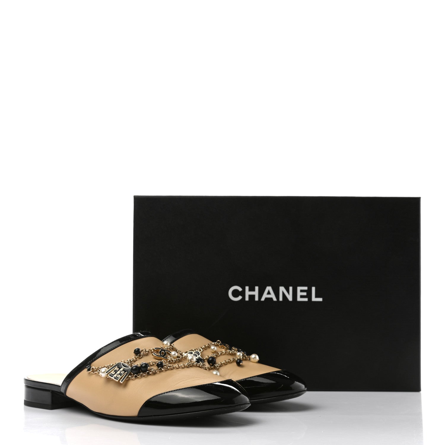 Chanel Lambskin Patent Pearl Chain Charm CC Mules 38 Beige Black 9 of 9
