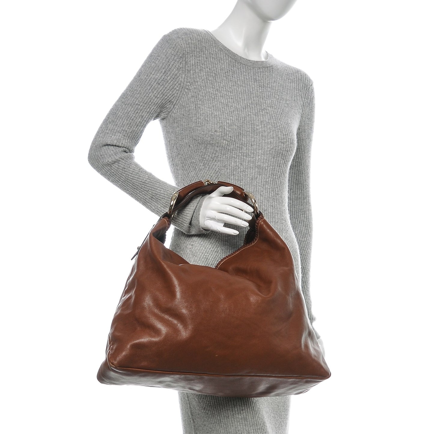 Calfskin Large Horsebit Chain Hobo Brown