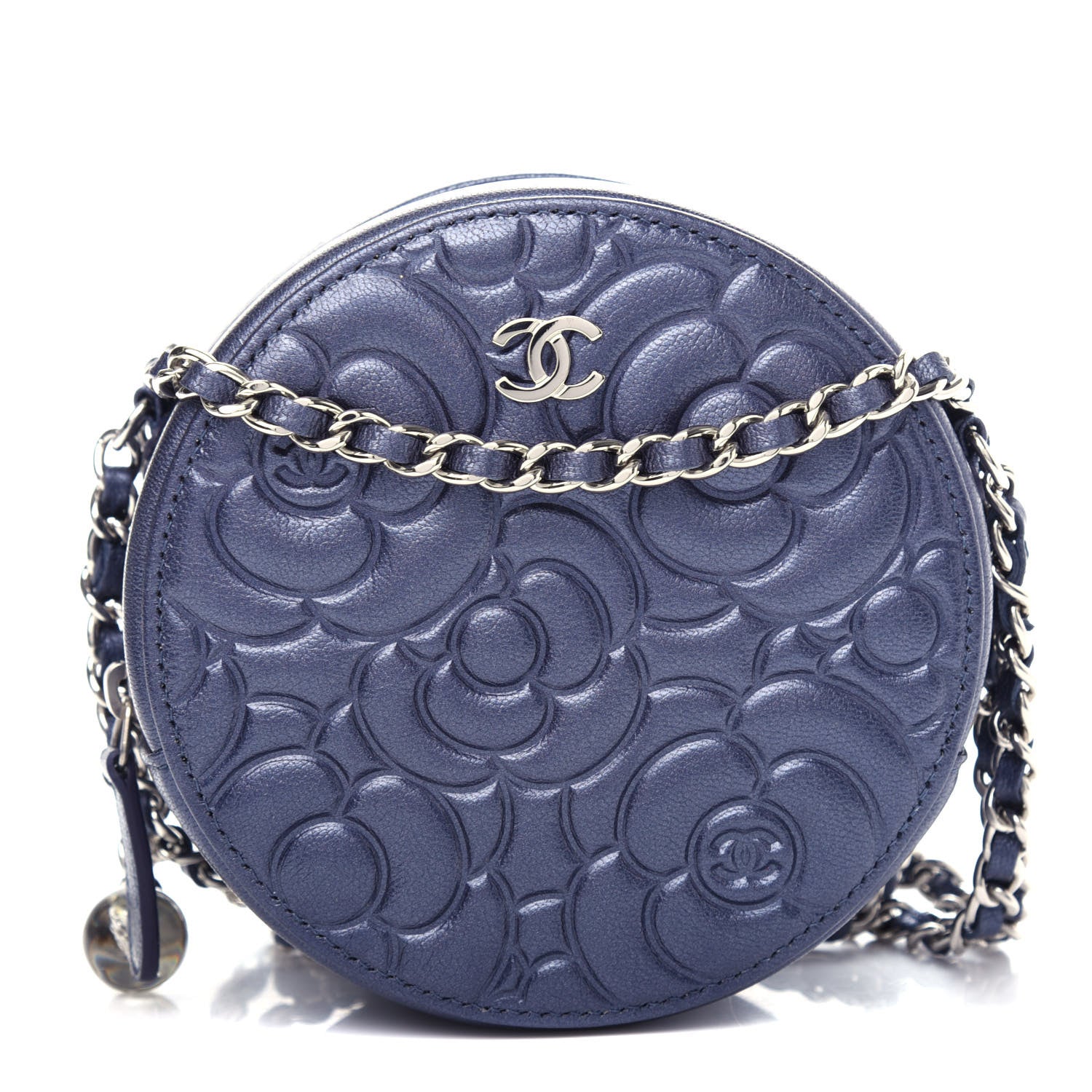 Chanel Goatskin Camellia Embossed Round Clutch With Chain Dark Blue 1 of 11