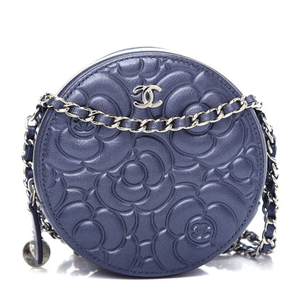 Chanel Goatskin Camellia Embossed Round Clutch With Chain Dark Blue 1 of 11