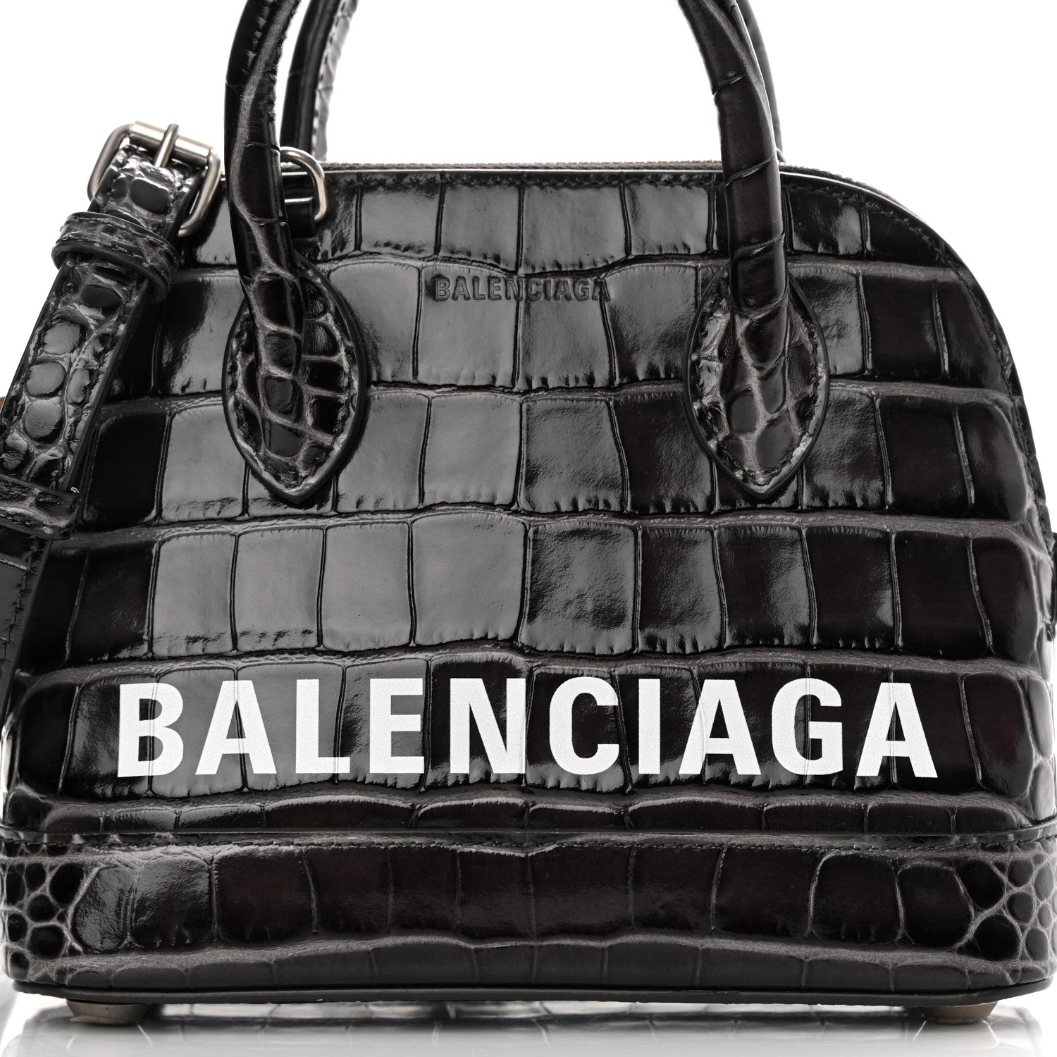 Balenciaga Shiny Calfskin Logo Crocodile Embossed XXS Ville Top Handle Bag Gray 8 of 15