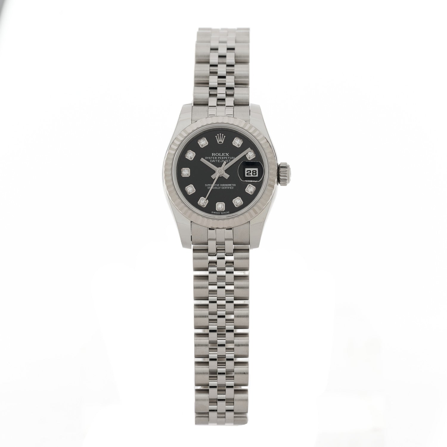 Rolex Stainless Steel 18K White Gold Diamond 26mm Oyster Perpetual Datejust Watch Black 69174 1 of 4