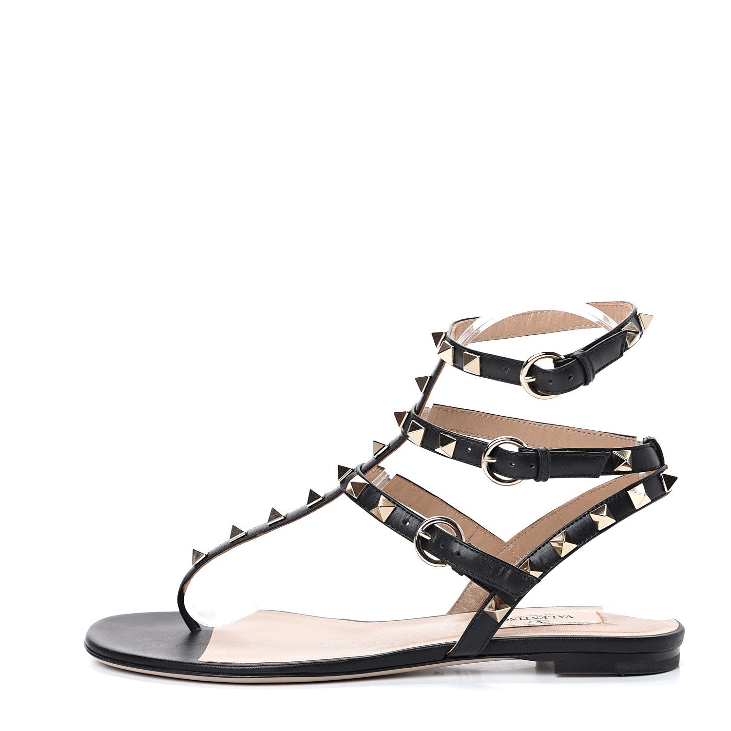 Valentino Garavani Calfskin Rockstud Ankle Wrap Flat Thong Sandals 36 Black 1 of 9