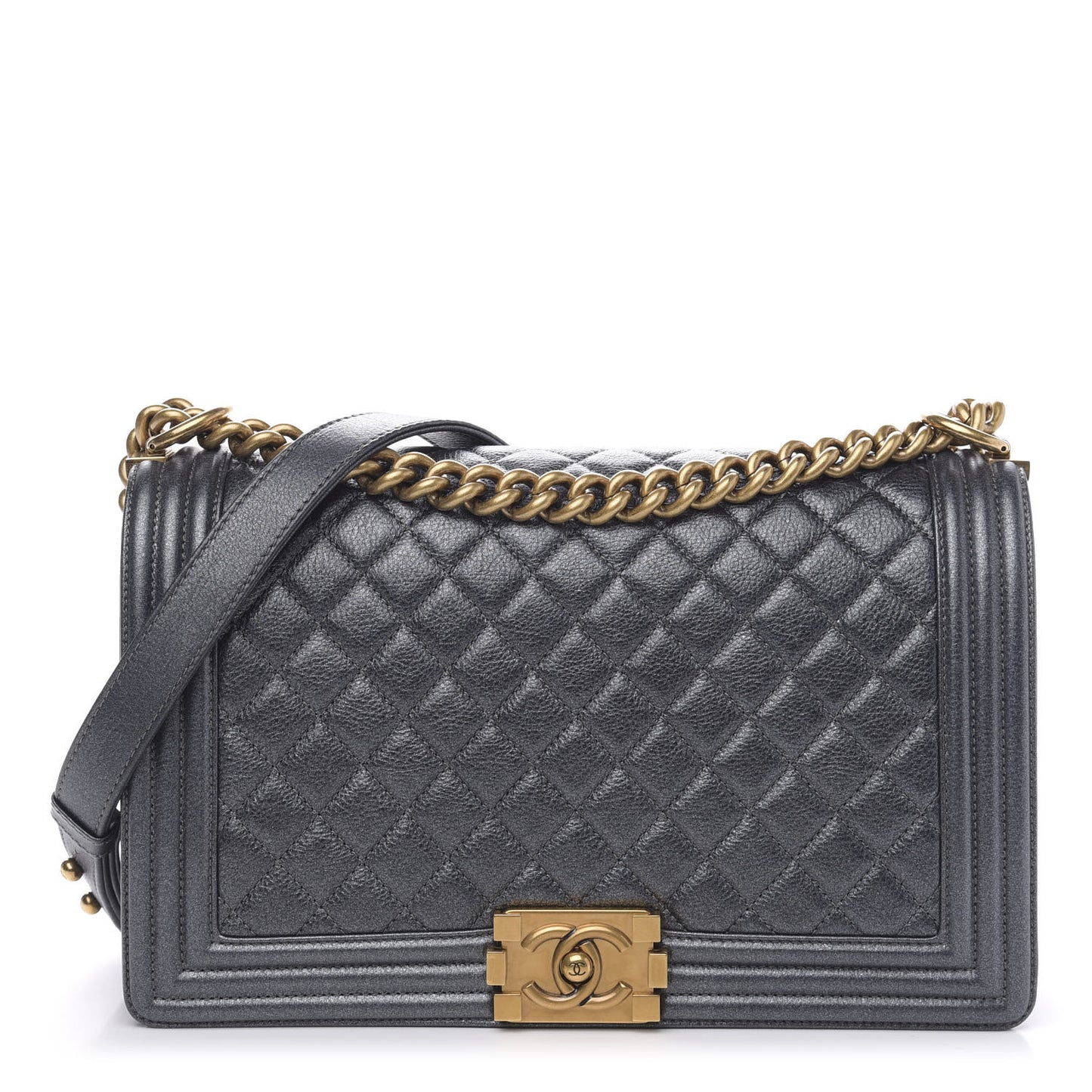 Metallic Calfskin Quilted New Medium Boy Flap Dark Grey