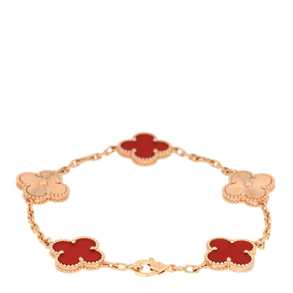 Van Cleef & Arpels 18K Rose Gold Carnelian 5 Motifs Guilloche Vintage Alhambra Bracelet 2 of 4