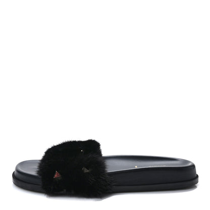 Valentino Garavani Mink Fur Rockstud Slide Sandals 37.5 Black 1 of 8