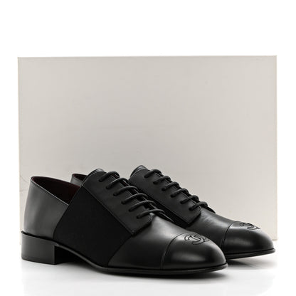 Chanel Calfskin Elastic Lace Up Cap Toe CC Loafers 36 Black 9 of 9