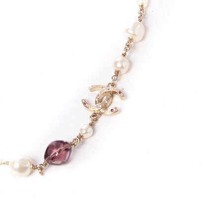 Chanel Beaded Pearl Crystal CC Long Strand Necklace Gold Purple 7 of 9