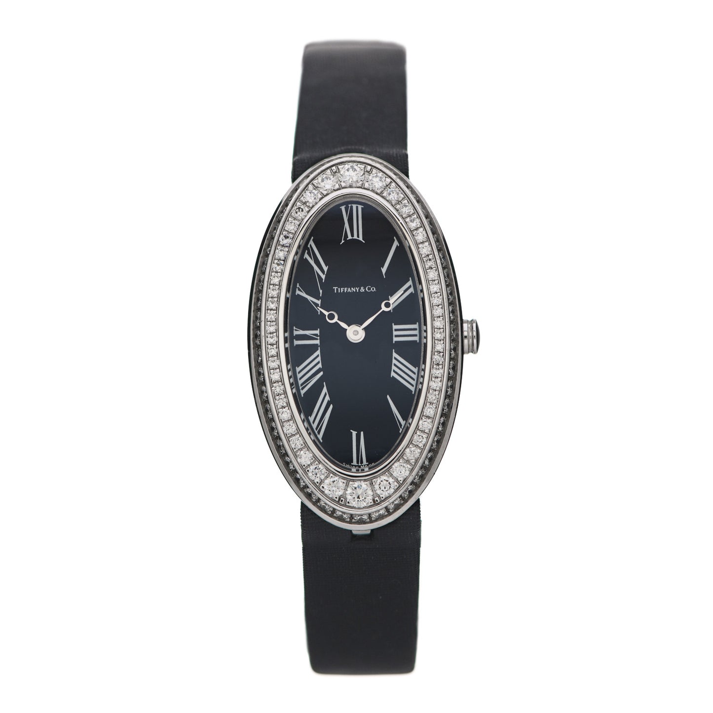 18K White Gold Satin Diamond Bezel 19mm 2-Hand Cocktail Quartz Watch Black