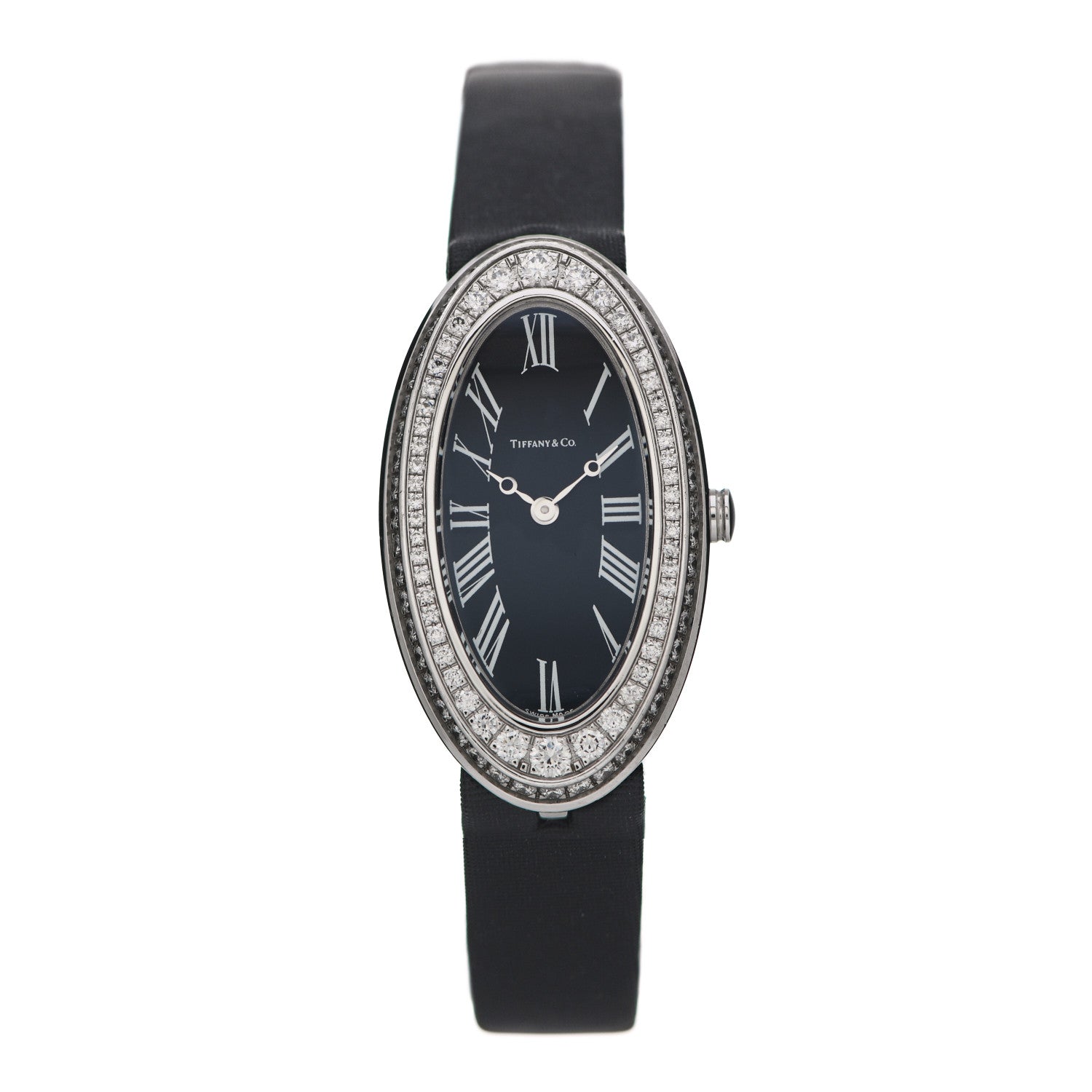 Tiffany 18K White Gold Satin Diamond Bezel 19mm 2-Hand Cocktail Quartz Watch Black 1 of 7