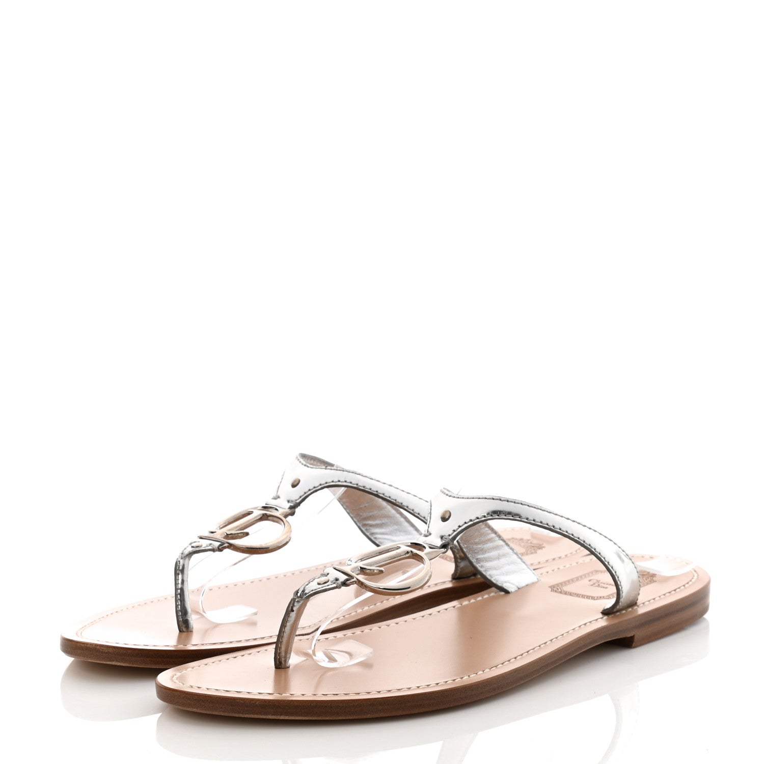Christian Dior Metallic Calfskin Logo Charm Thong Sandals 41 Argent 3 of 8