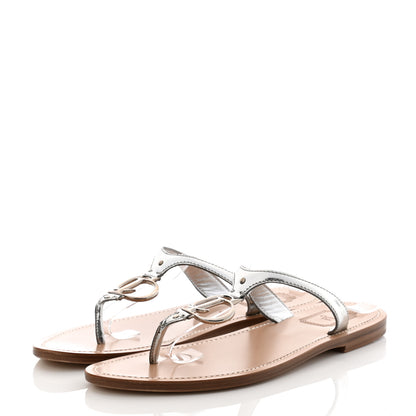 Christian Dior Metallic Calfskin Logo Charm Thong Sandals 41 Argent 3 of 8