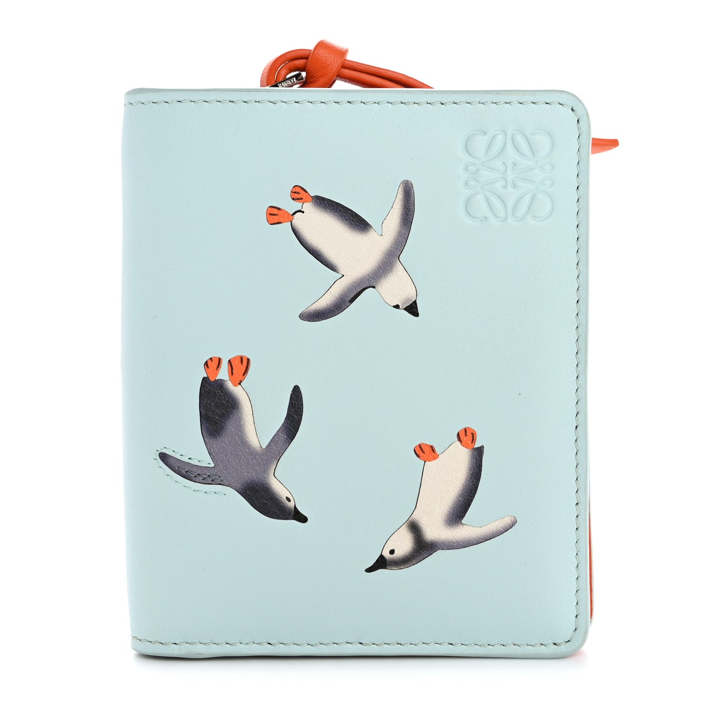 X SUNA FUJITA Satin Calfskin Penguins Compact Zip Wallet Blue Iceberg