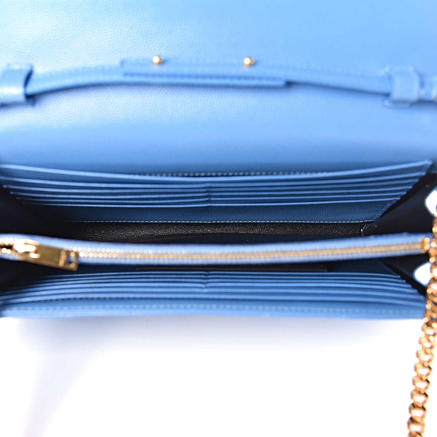Grain De Poudre Matelasse Chevron Monogram Chain Wallet Blue Clair