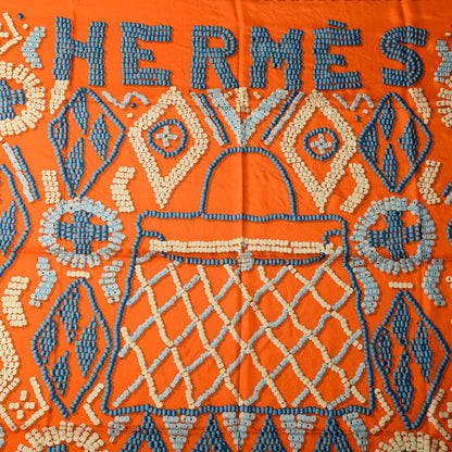 Hermes Silk Kelly En Perles Wash Scarf 140 Orange Blue Jean 2 of 5