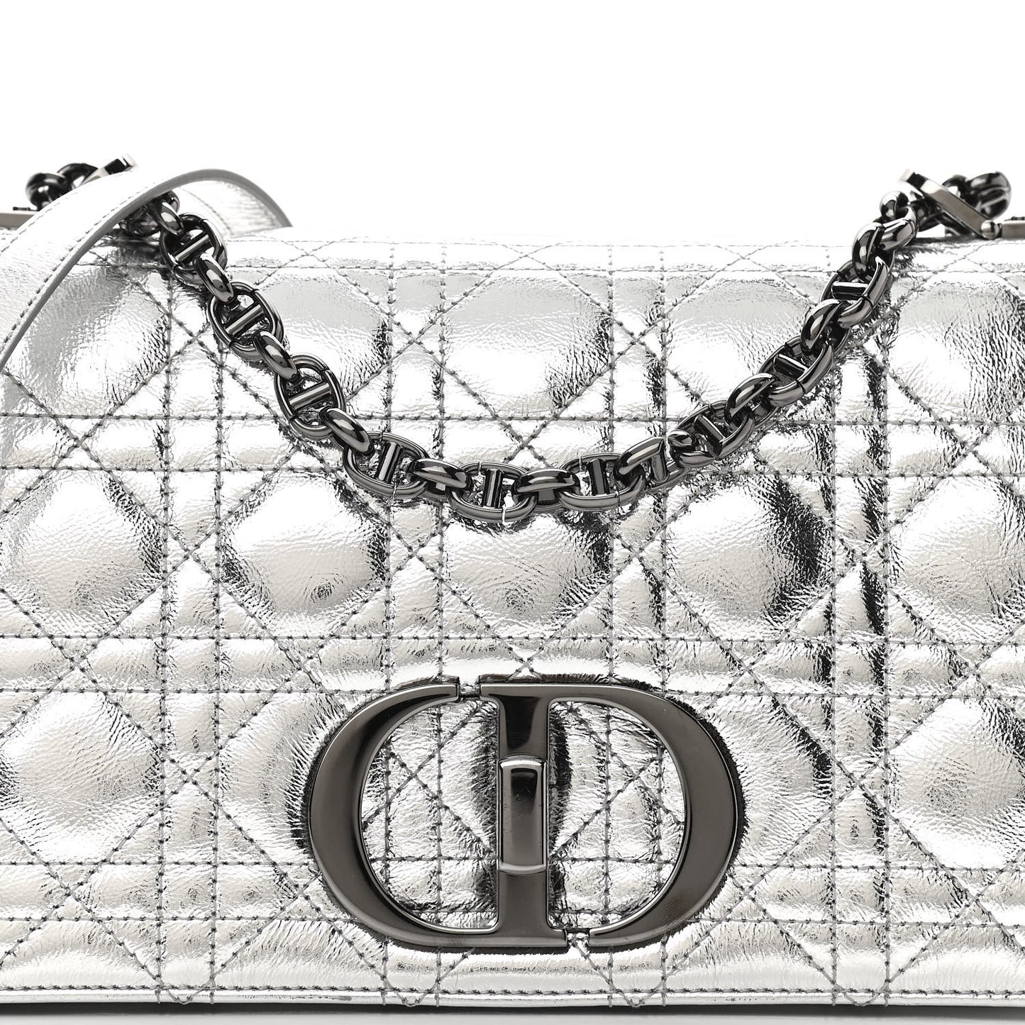 Metallic Calfskin Cannage Medium Caro Bag Argent