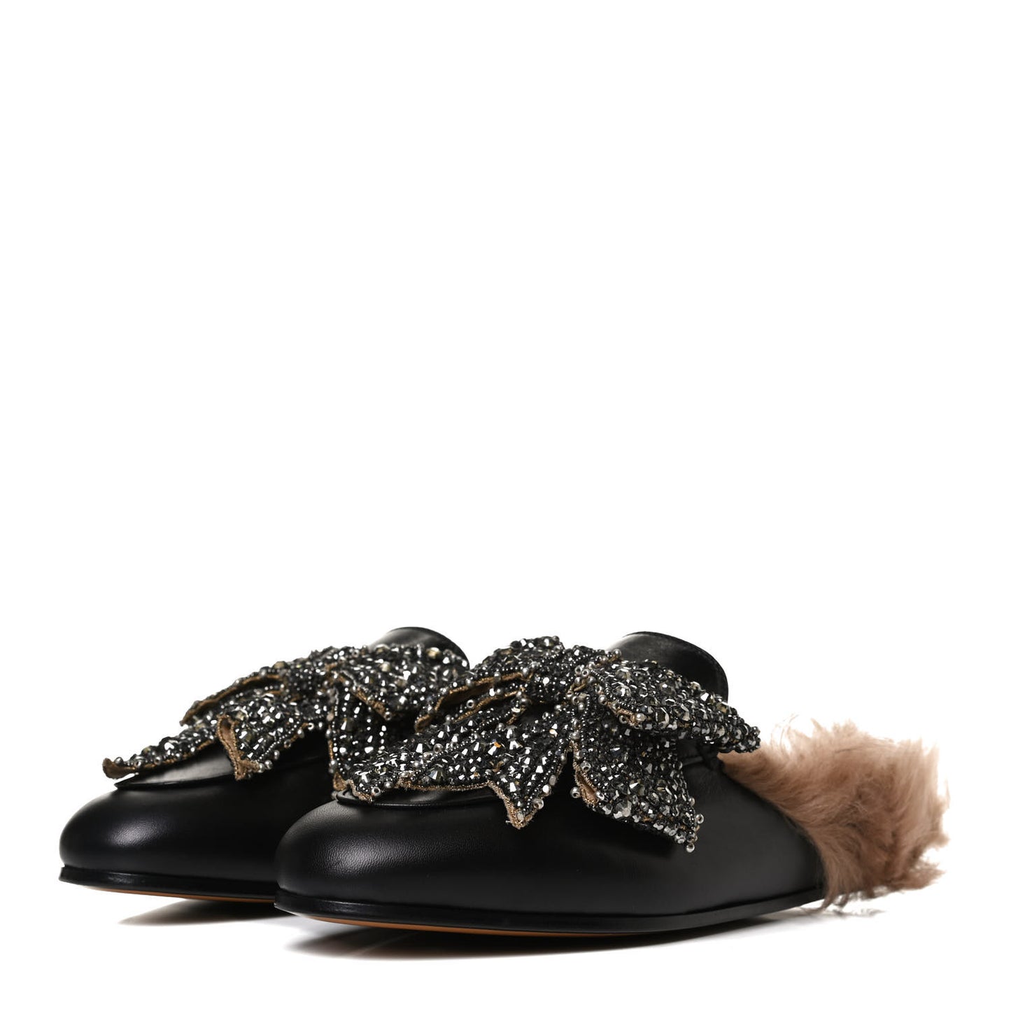 Malaga Kid Fur Crystal Bow Embroidered Womens Princetown Slippers 38 Black