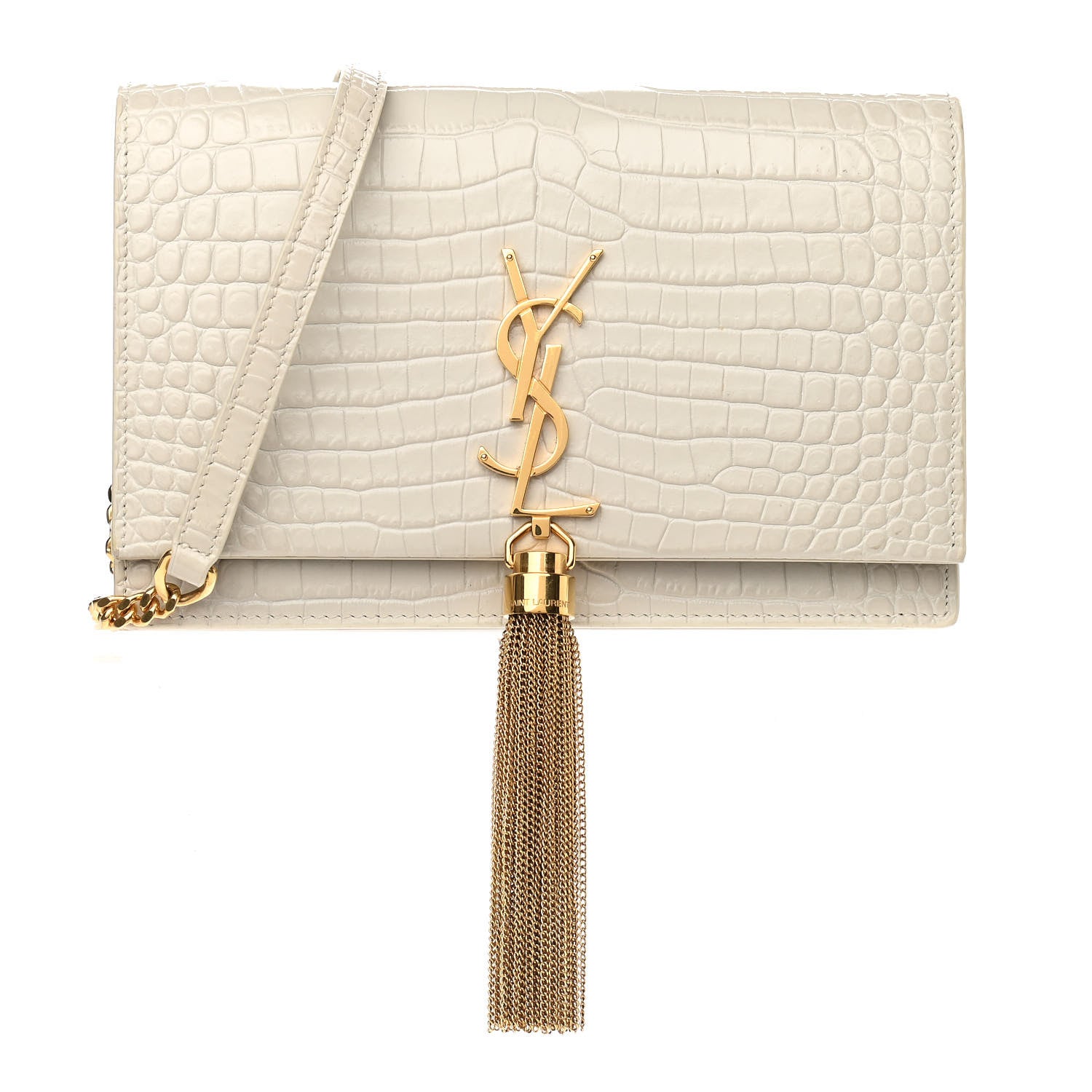 Saint Laurent Calfskin Crocodile Embossed Kate Monogram Tassel Chain Wallet Vintage White 1 of 14