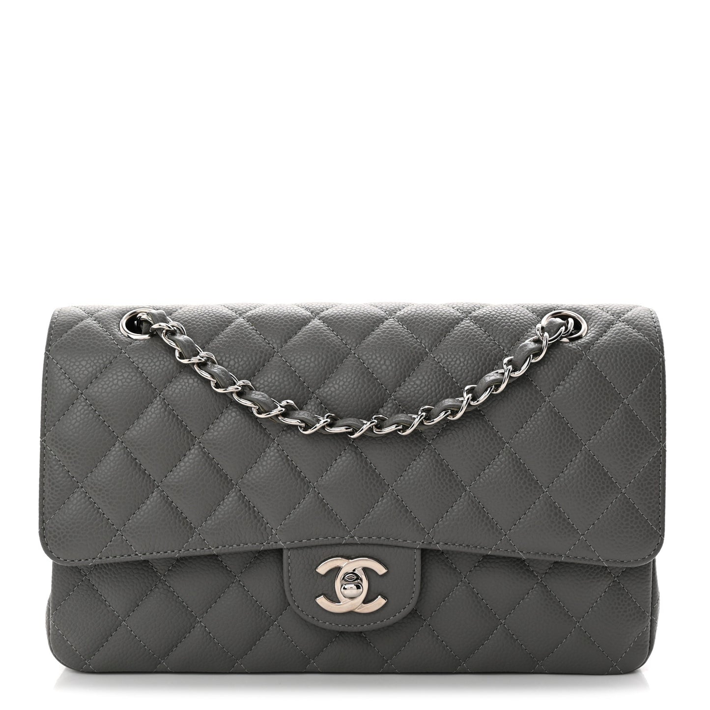 Caviar Quilted Medium Double Flap Grey