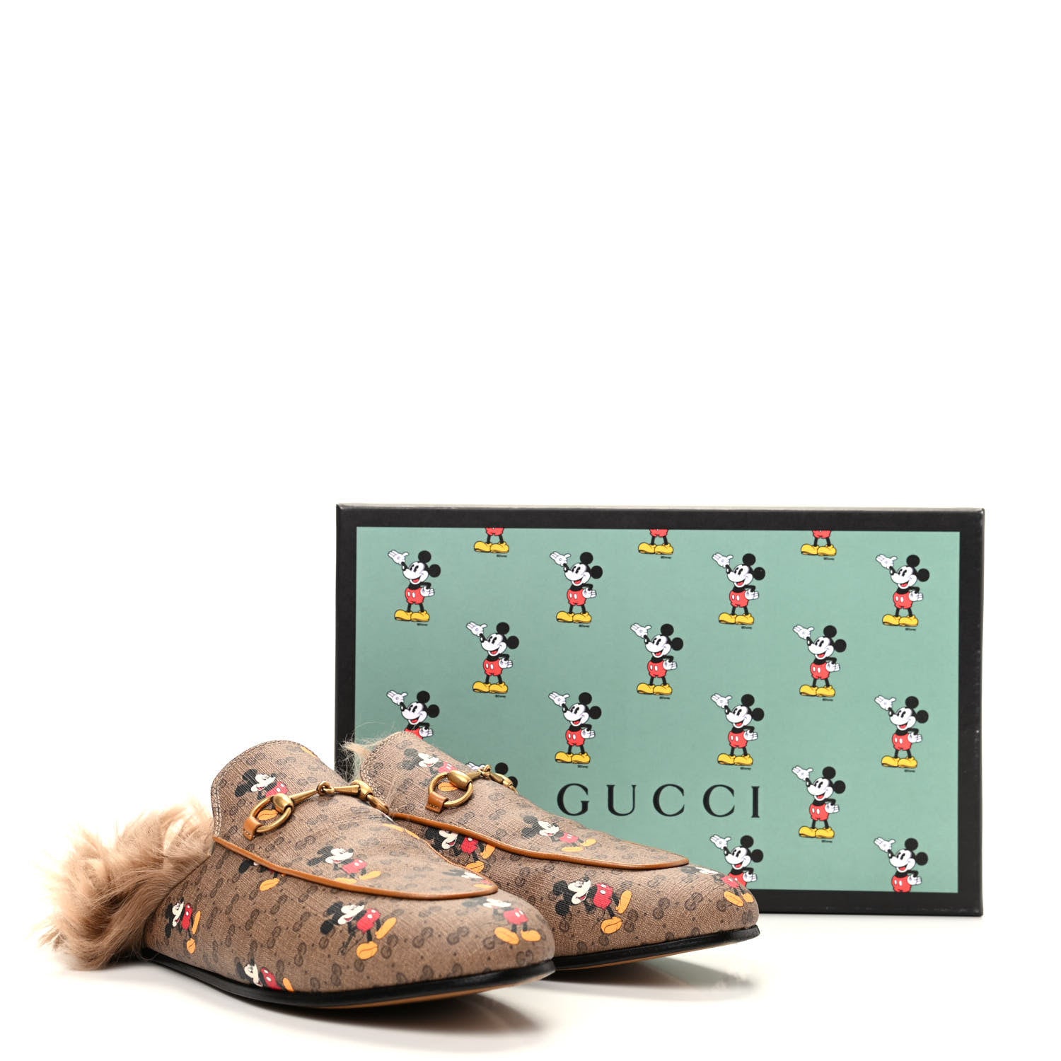 Gucci X DISNEY Mini Vintage GG Supreme Monogram Mickey Mouse Fur Womens Princetown Slippers 42 Beige Vintage Sun Oil 9 of 9