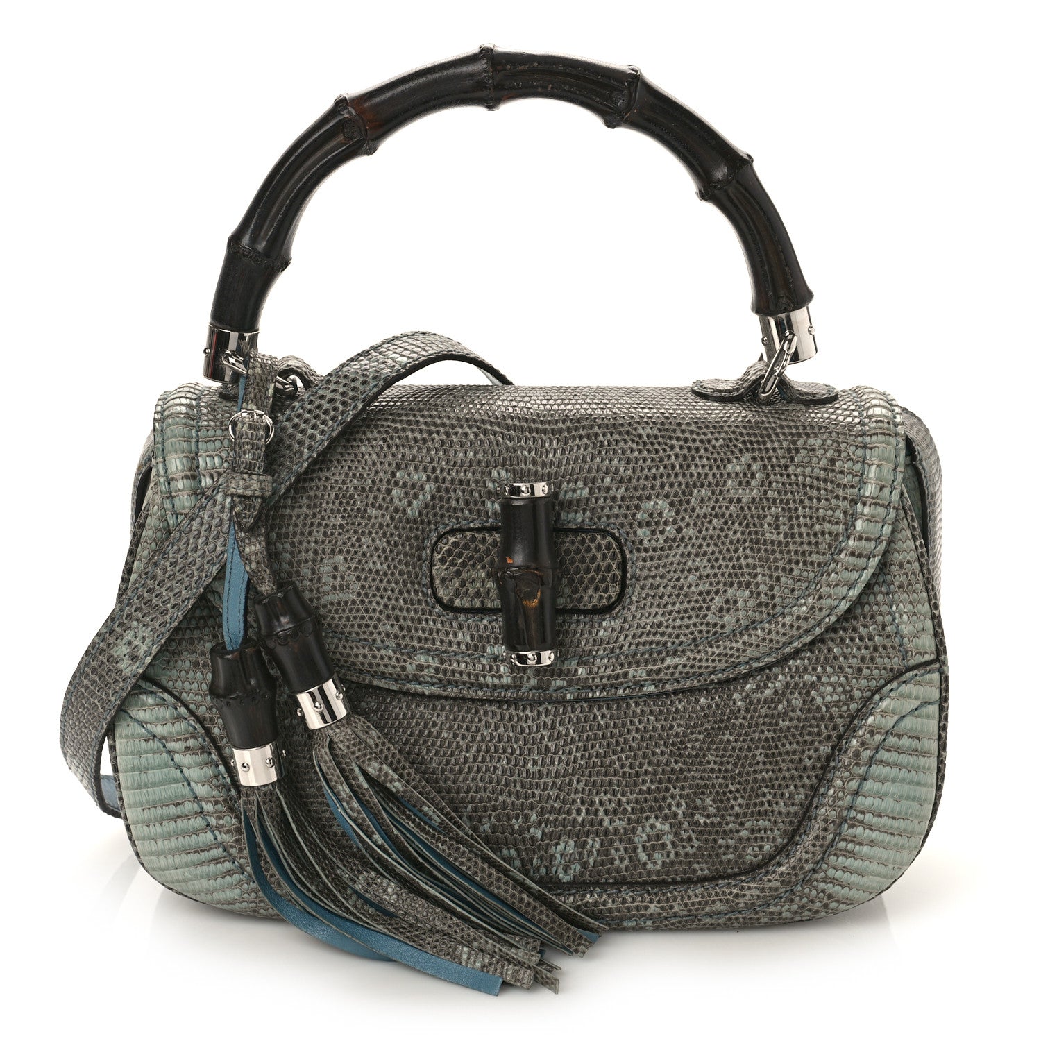 Gucci Calfskin Lizard Embossed Medium New Bamboo Top Handle Bag Blue 1 of 10