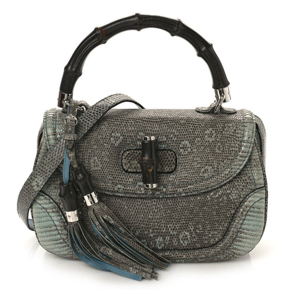 Gucci Calfskin Lizard Embossed Medium New Bamboo Top Handle Bag Blue 1 of 10