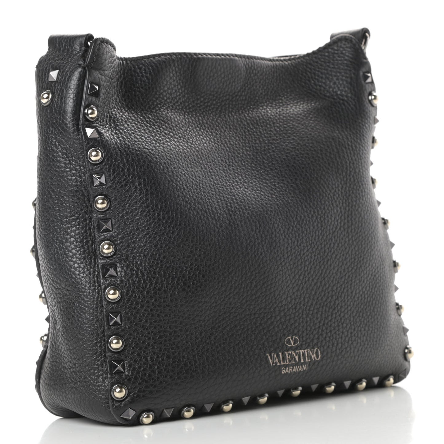 Pebbled Calfskin Small Rockstud Rolling Flip-Lock Messenger Bag Black