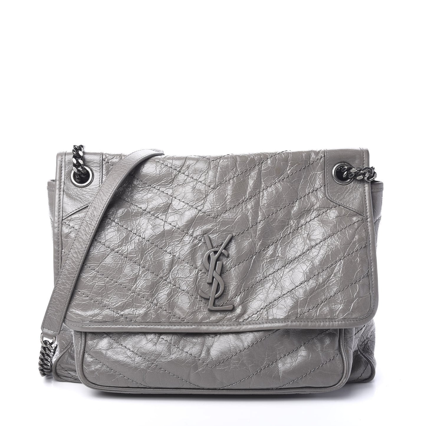 Crinkled Calfskin Matelasse Monogram Large Niki Chain Satchel Fog
