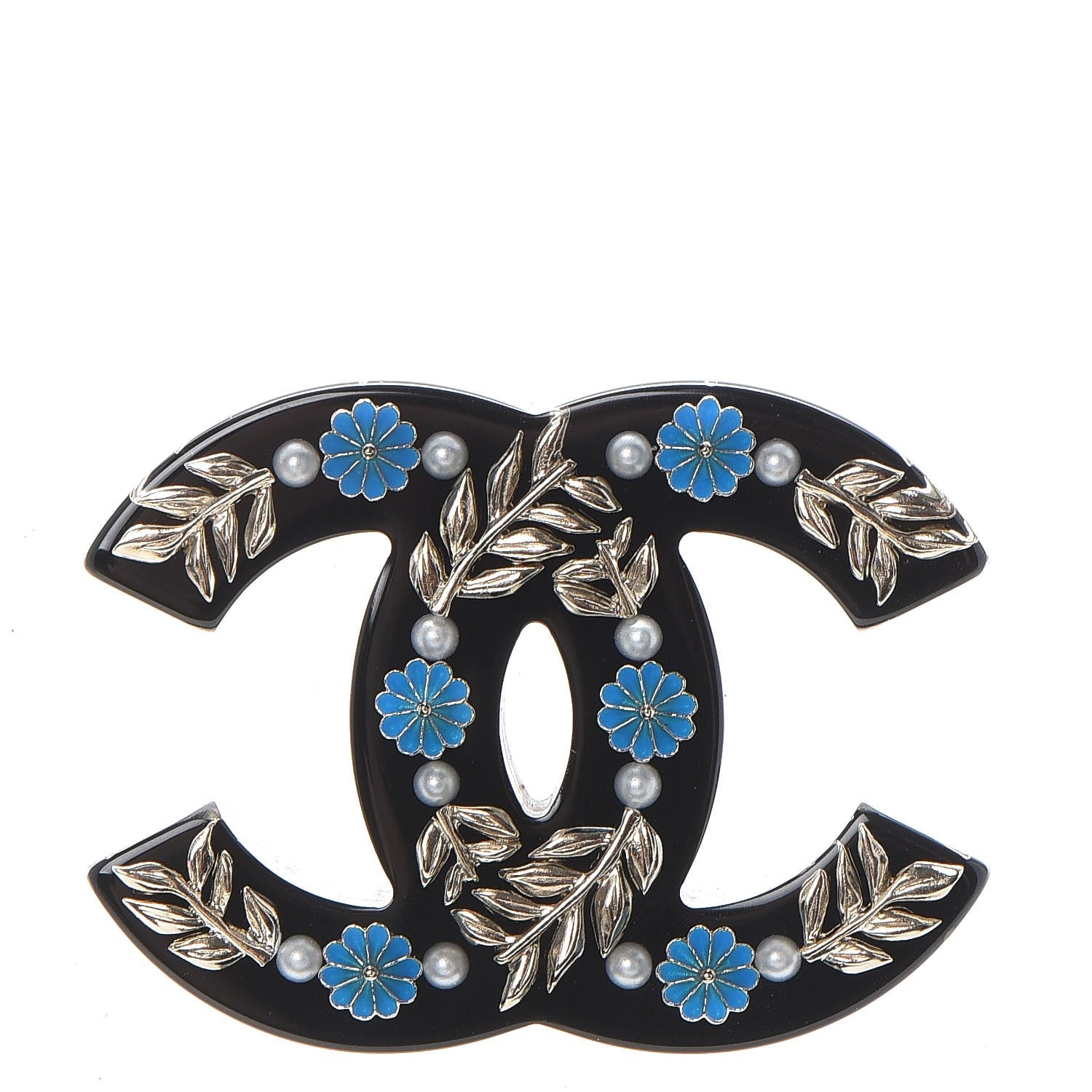 Chanel Resin Pearl Enamel Flower CC Brooch Gold Black Blue 1 of 5