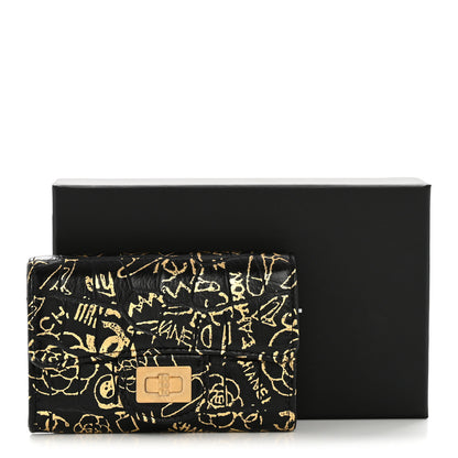 Chanel Calfskin Crocodile Embossed Graffiti 2.55 Crocodile Reissue Flap Card Holder Black Gold 8 of 8