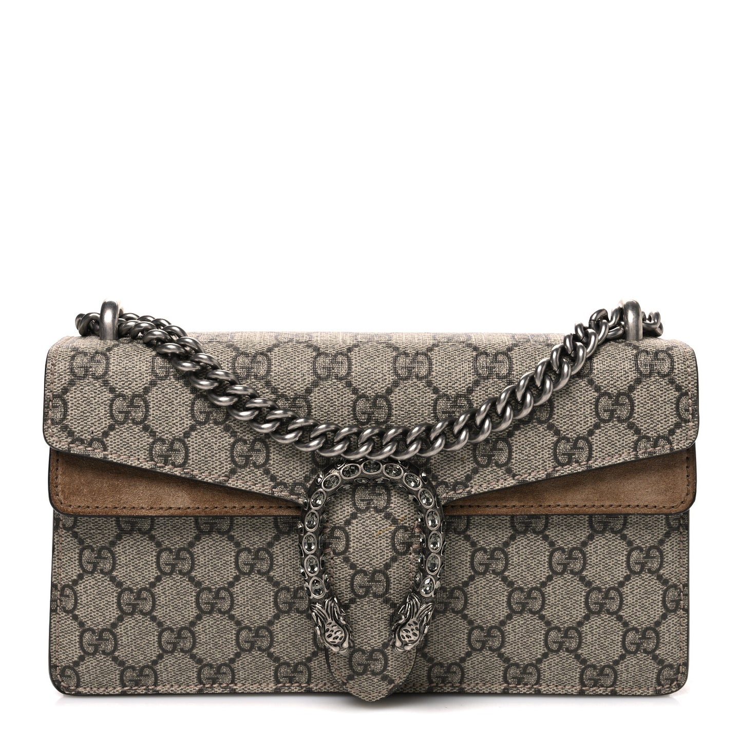 GG Supreme Monogram Suede Crystal Small Dionysus Shoulder Bag Beige Ebony Taupe