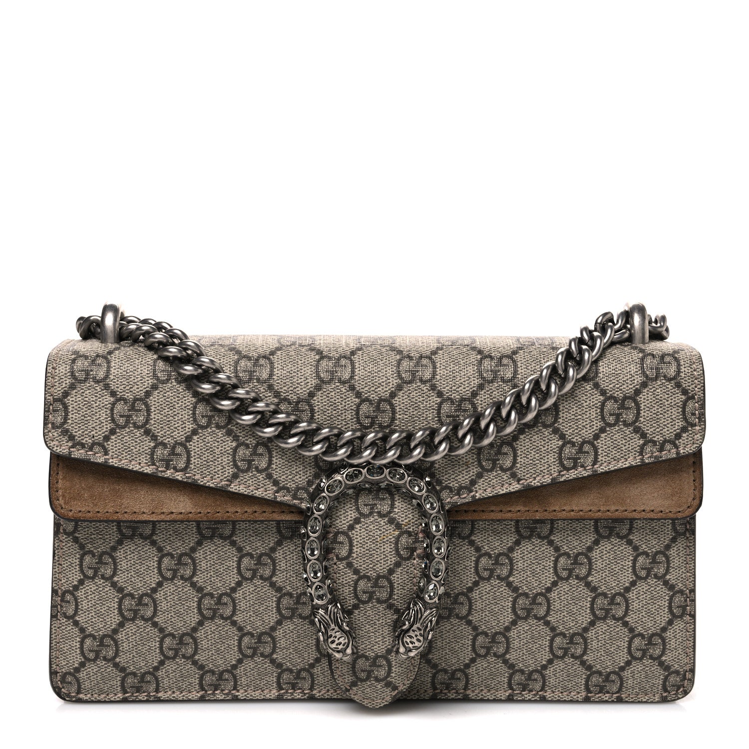 Gucci GG Supreme Monogram Suede Crystal Small Dionysus Shoulder Bag Beige Ebony Taupe 1 of 10