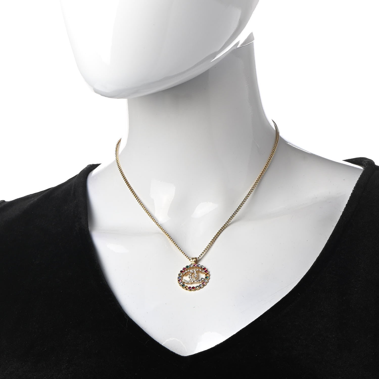 Chanel Crystal Over The Rainbow CC Pendant Necklace Gold Multicolor 2 of 7