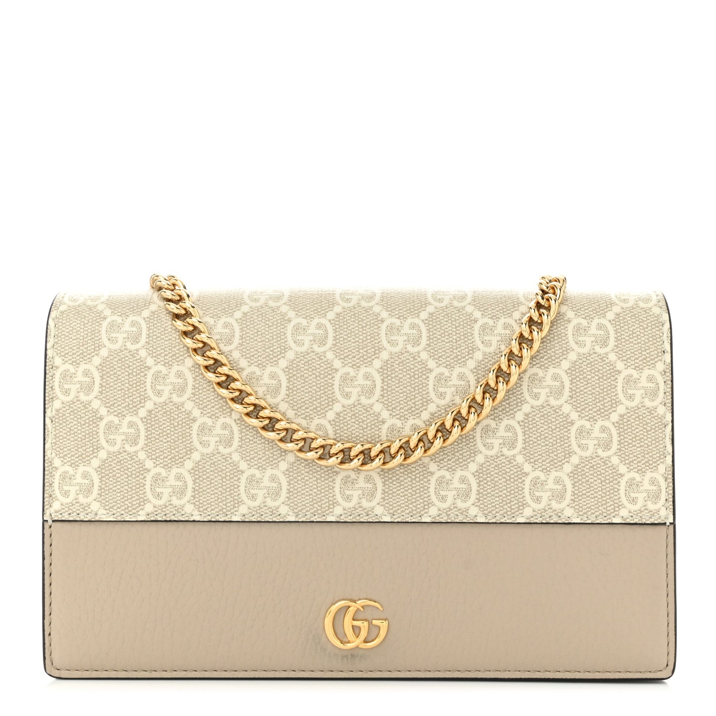 GG Supreme Monogram Textured Dollar Calfskin Mini GG Marmont Chain Wallet Mystic White Oatmeal