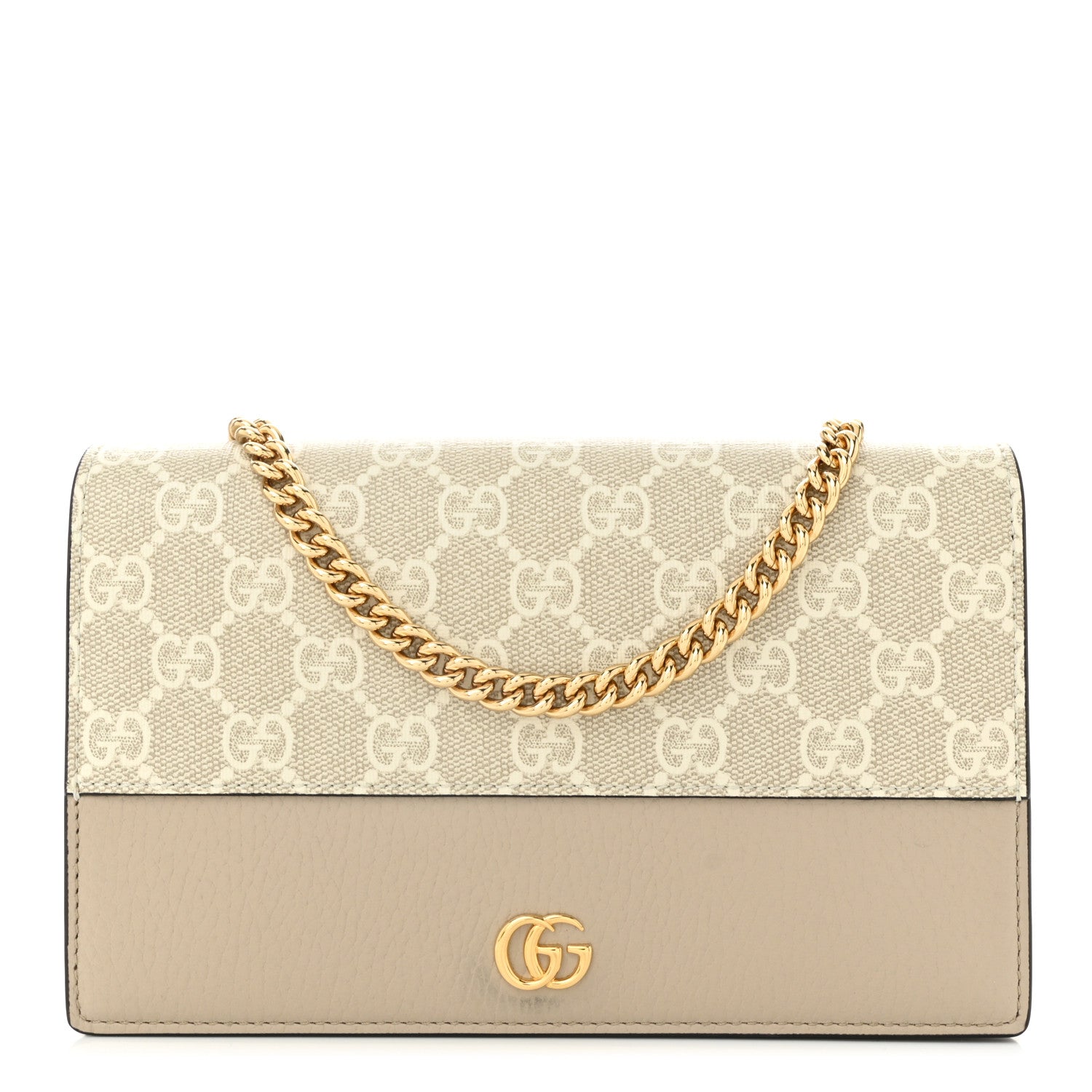 Gucci GG Supreme Monogram Textured Dollar Calfskin Mini GG Marmont Chain Wallet Mystic White Oatmeal 1 of 10
