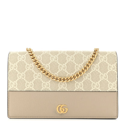 Gucci GG Supreme Monogram Textured Dollar Calfskin Mini GG Marmont Chain Wallet Mystic White Oatmeal 1 of 10