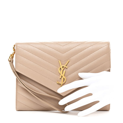 Saint Laurent Grain De Poudre Matelasse Chevron Monogram Envelope Clutch Dark Beige 2 of 8
