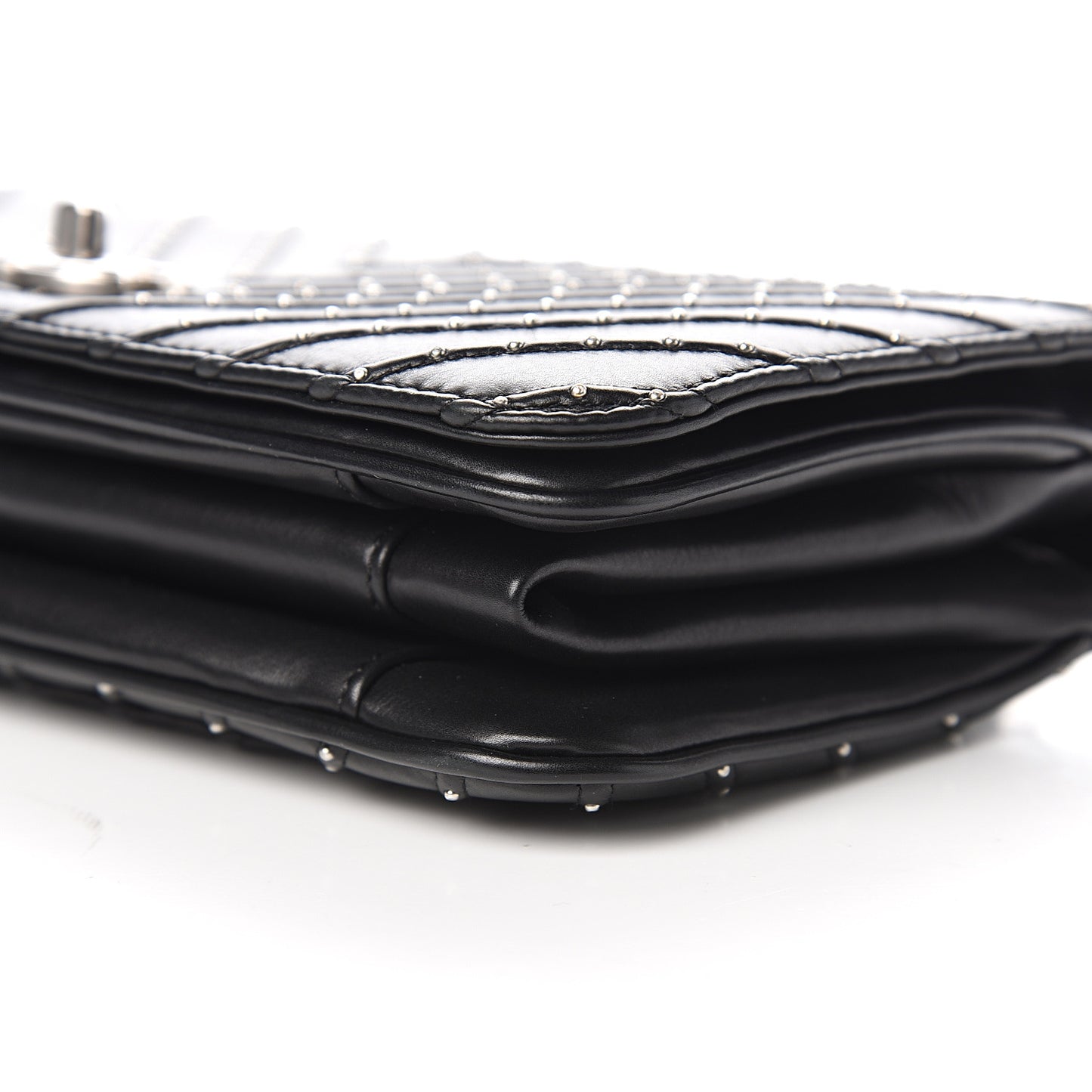 Calfskin Studded Chevron Quilted Flap Black