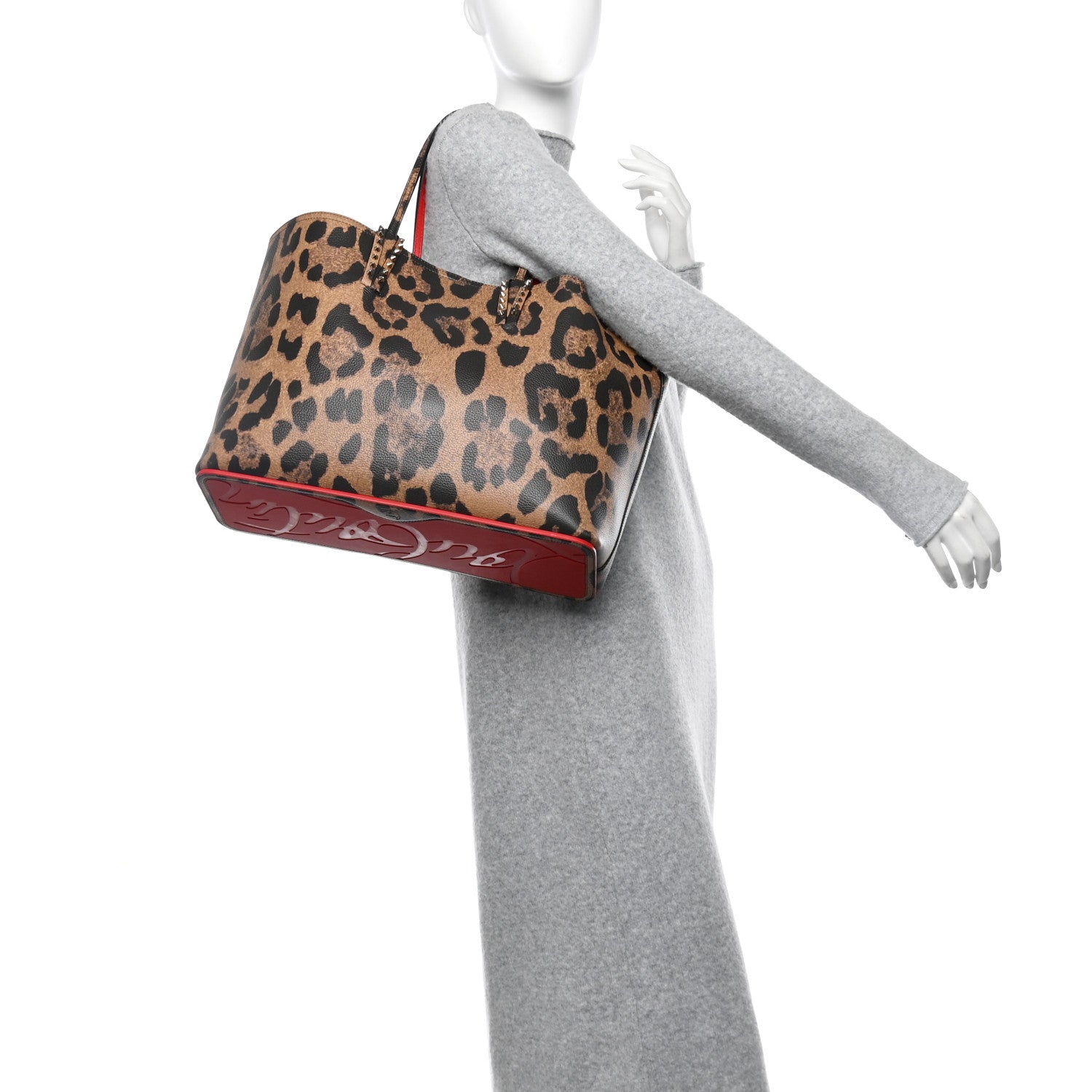 Christian Louboutin Calfskin Leopard Print Spikes East West Cabata Tote Brown 2 of 12