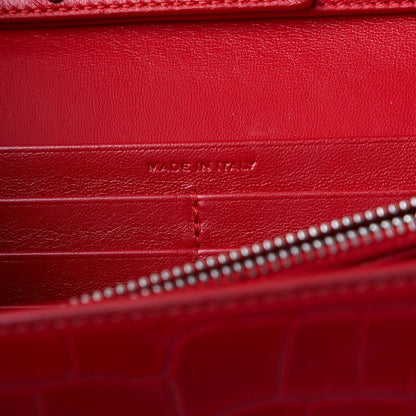 Saint Laurent Calfskin Crocodile Embossed Monogram Chain Wallet New Red 6 of 9