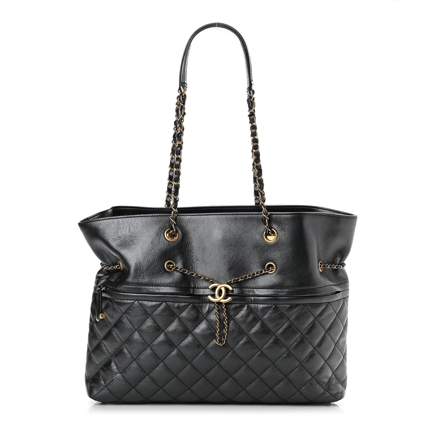 Metallic Aged Calfskin Quilted Drawstring Shopping Tote Dark Grey