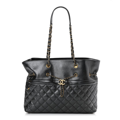 Chanel Metallic Aged Calfskin Quilted Drawstring Shopping Tote Dark Grey 1 of 14