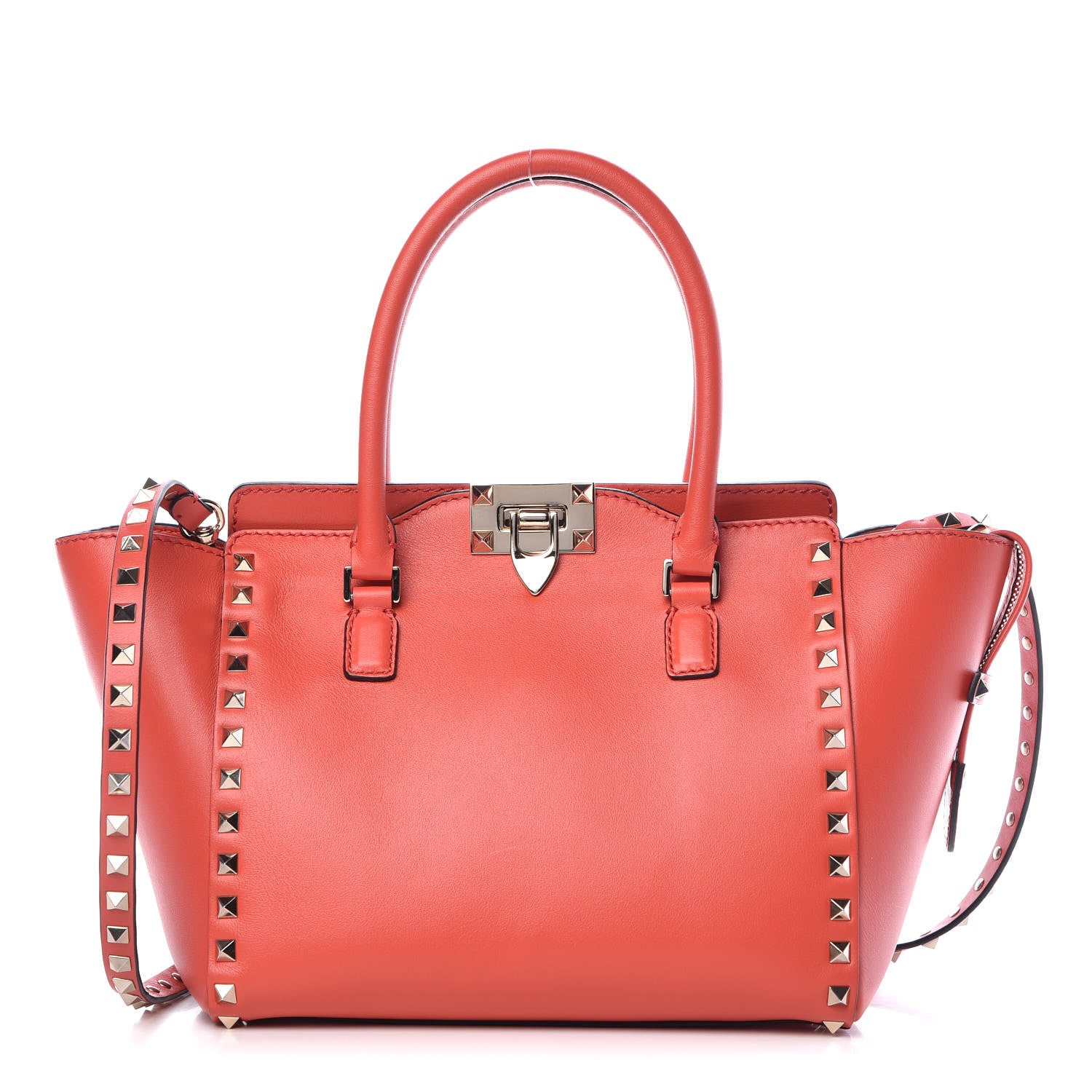 Valentino Garavani Vitello Small Rockstud Double Handle Tote Deep Coral 1 of 11