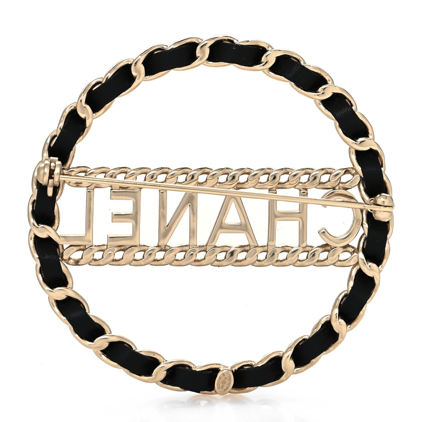 Lambskin Chain Logo Brooch Black Gold