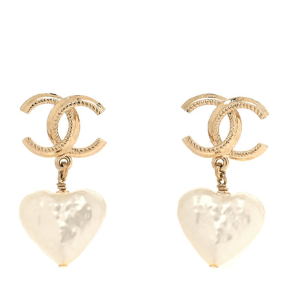 Chanel Pearl CC Heart Drop Earrings Gold 1 of 5