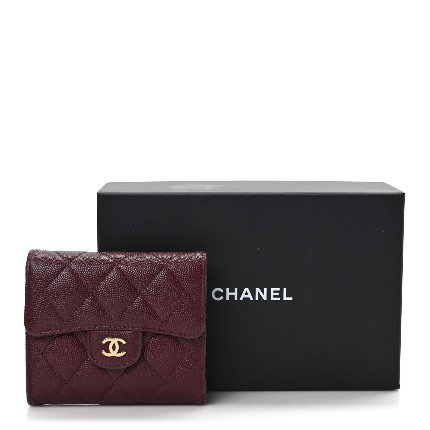 Caviar Quilted Compact Flap Wallet Burgundy