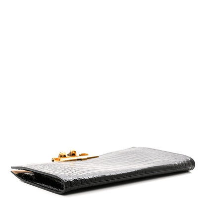 Alexander McQueen Calfskin Crocodile Embossed Knuckle Flat Clutch Black Gold 4 of 9