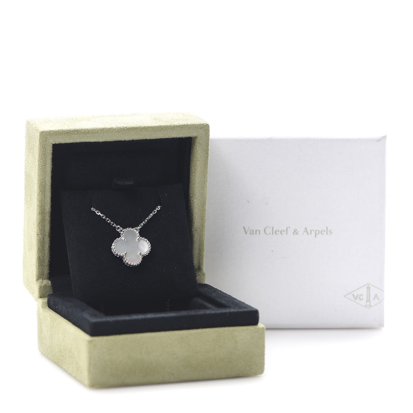18K White Gold Mother of Pearl Vintage Alhambra Pendant Necklace