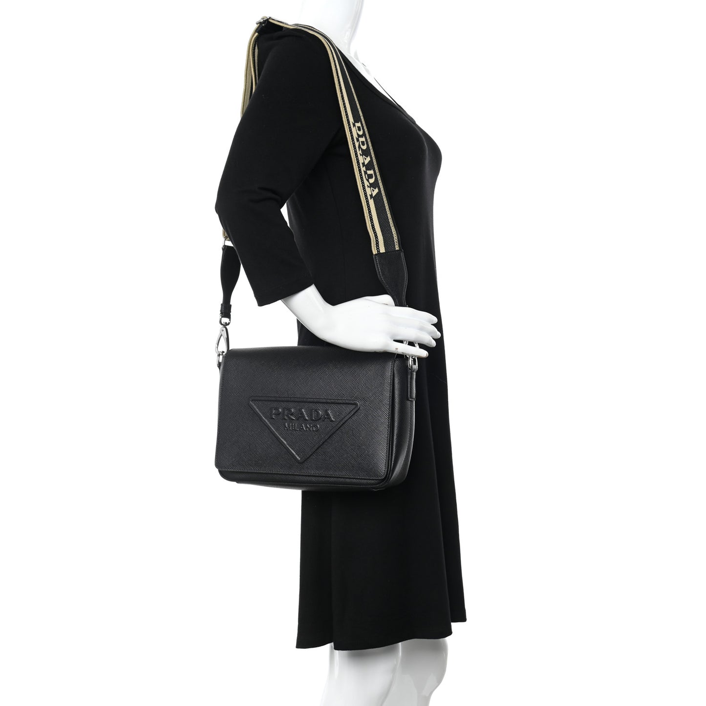 Saffiano Cuir Triangle Logo Embossed Flap Crossbody Black