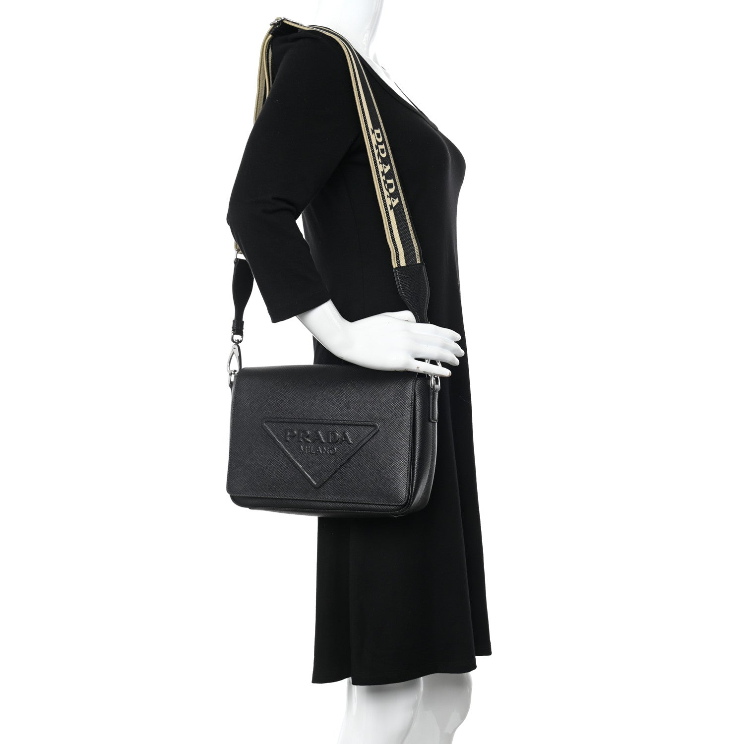 Prada Saffiano Cuir Triangle Logo Embossed Flap Crossbody Black 2 of 9
